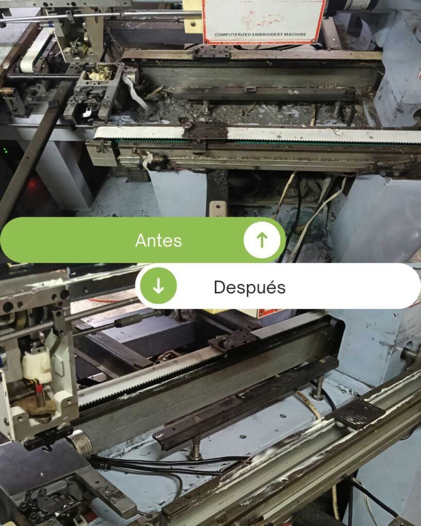 Foto rieles de bordadora en mantenimiento